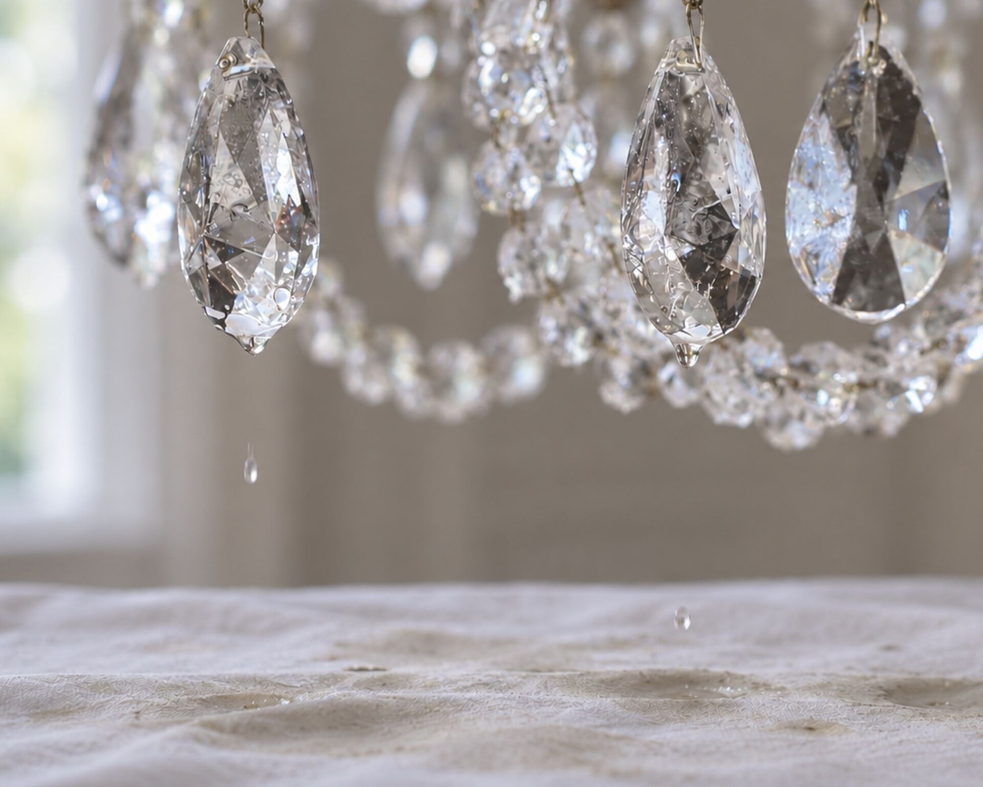 Dull crystal drops before cleaning — surface without reflections Dull crystal before cleaning: deposits of dust and airborne grease mute the reflections.